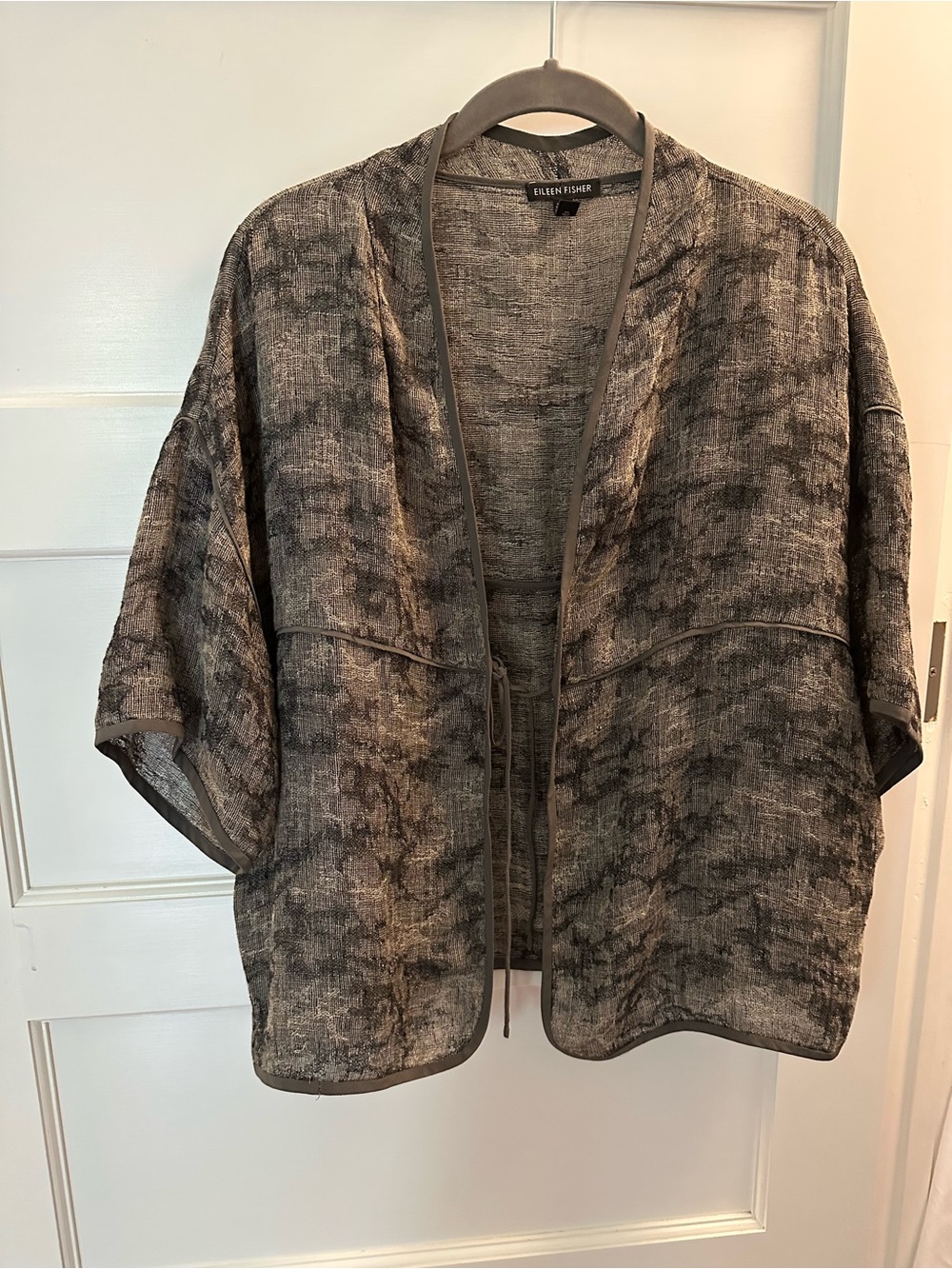 Eileen Fisher Taupe and Charcoal Open-Front Cardigan